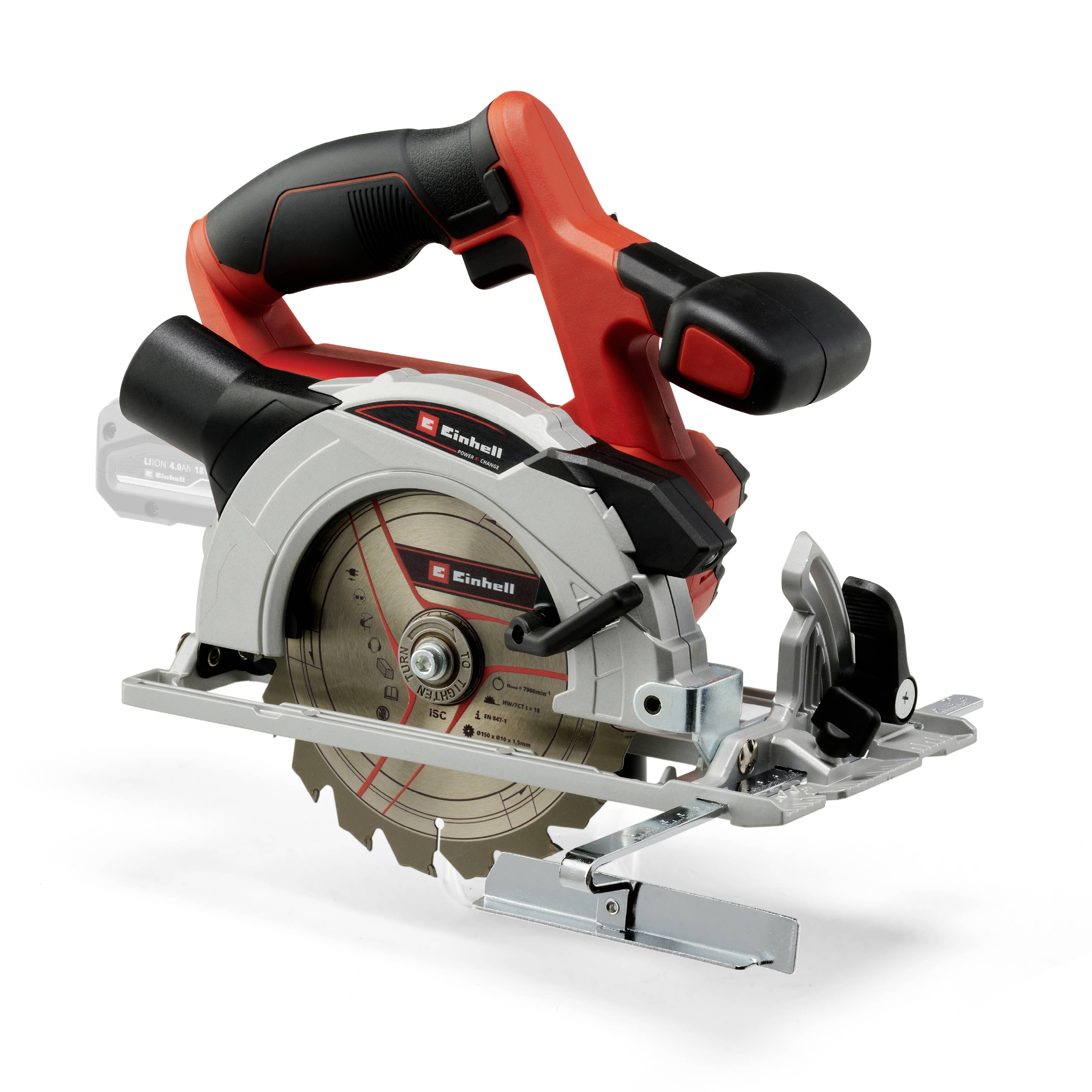 Hand circular saw with a red handle, silver casing and visible saw blade, suitable for precise sawing of wood and other materials.