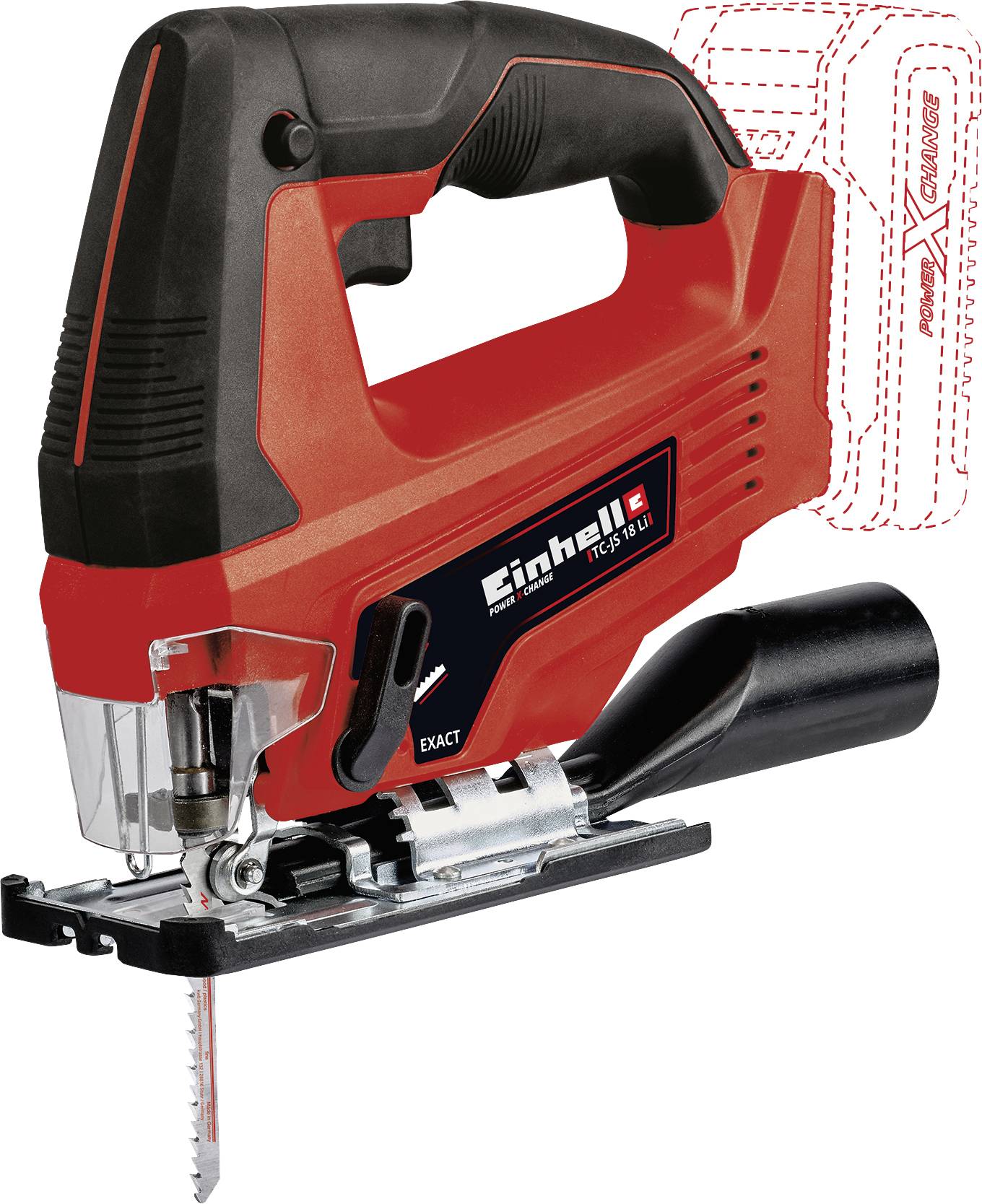 Electric jigsaw, red and black with Einhell logo, without battery inserted, showing the saw blade guide and ergonomic handle.