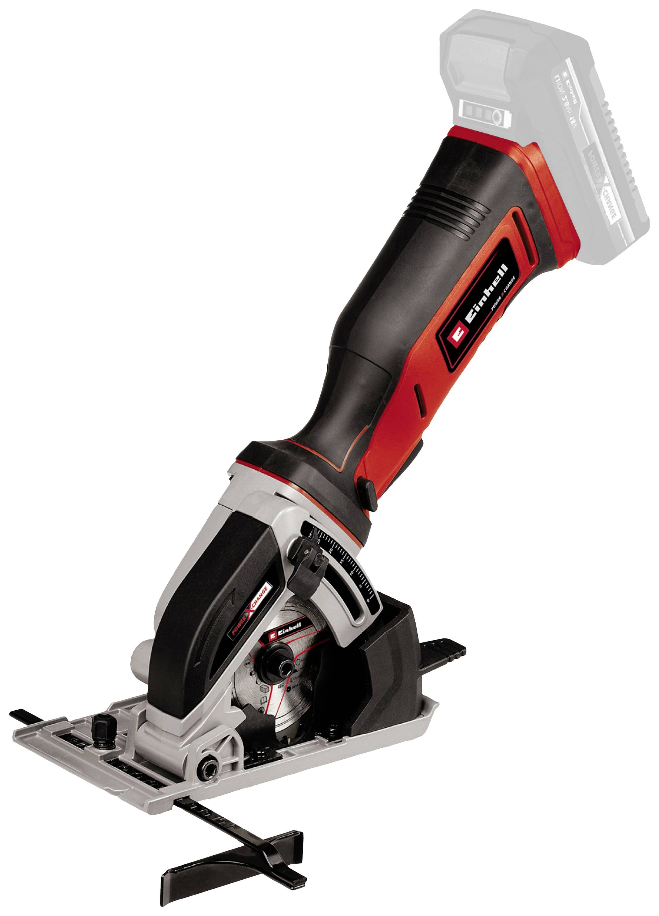 Compact electric saw in red and black, with adjustable cutting guide at the front, suitable for precise cutting of various materials.