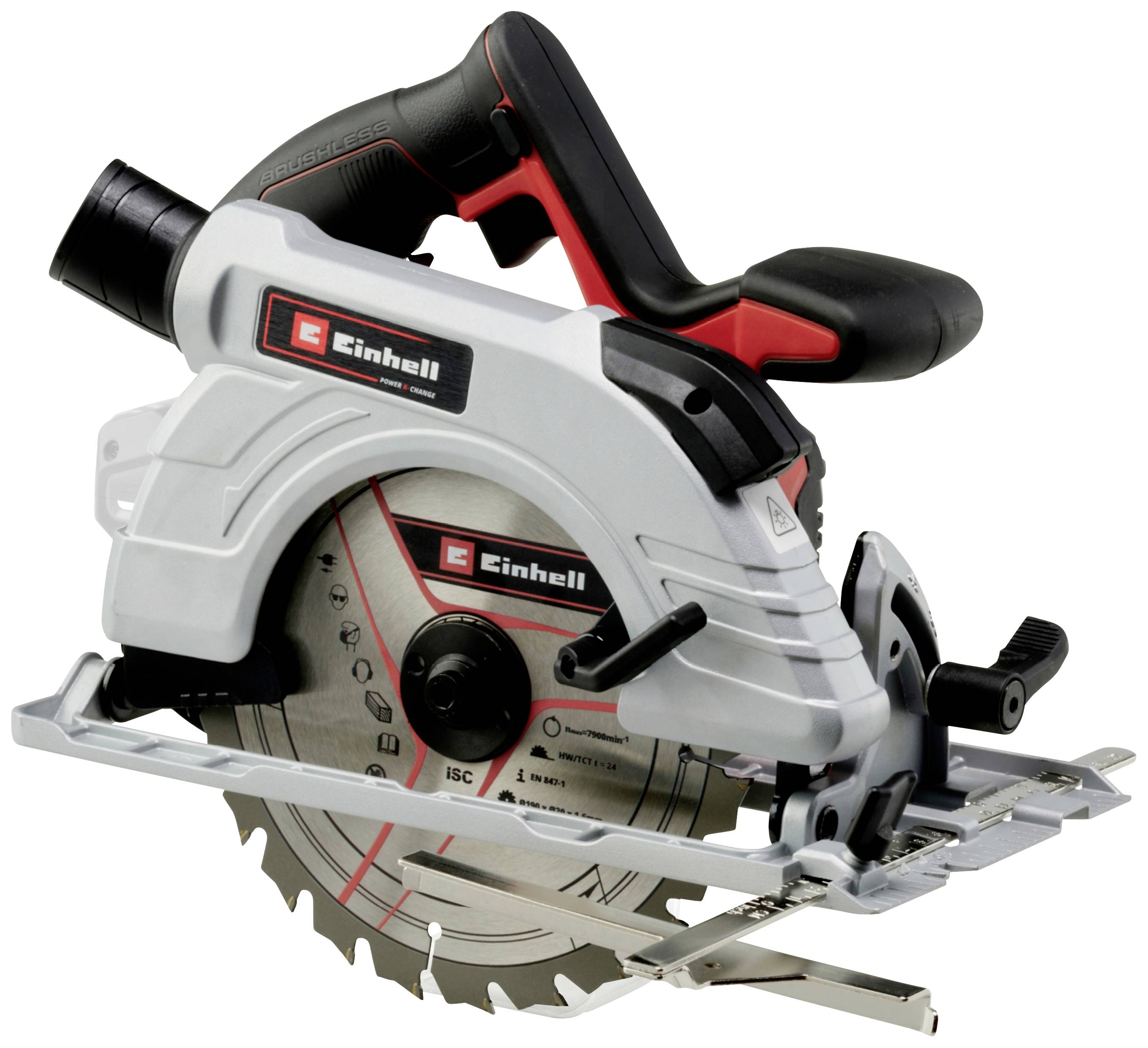 A portable handheld circular saw in black and grey with a red accent. It has a silver-coloured saw blade and ergonomic handles.