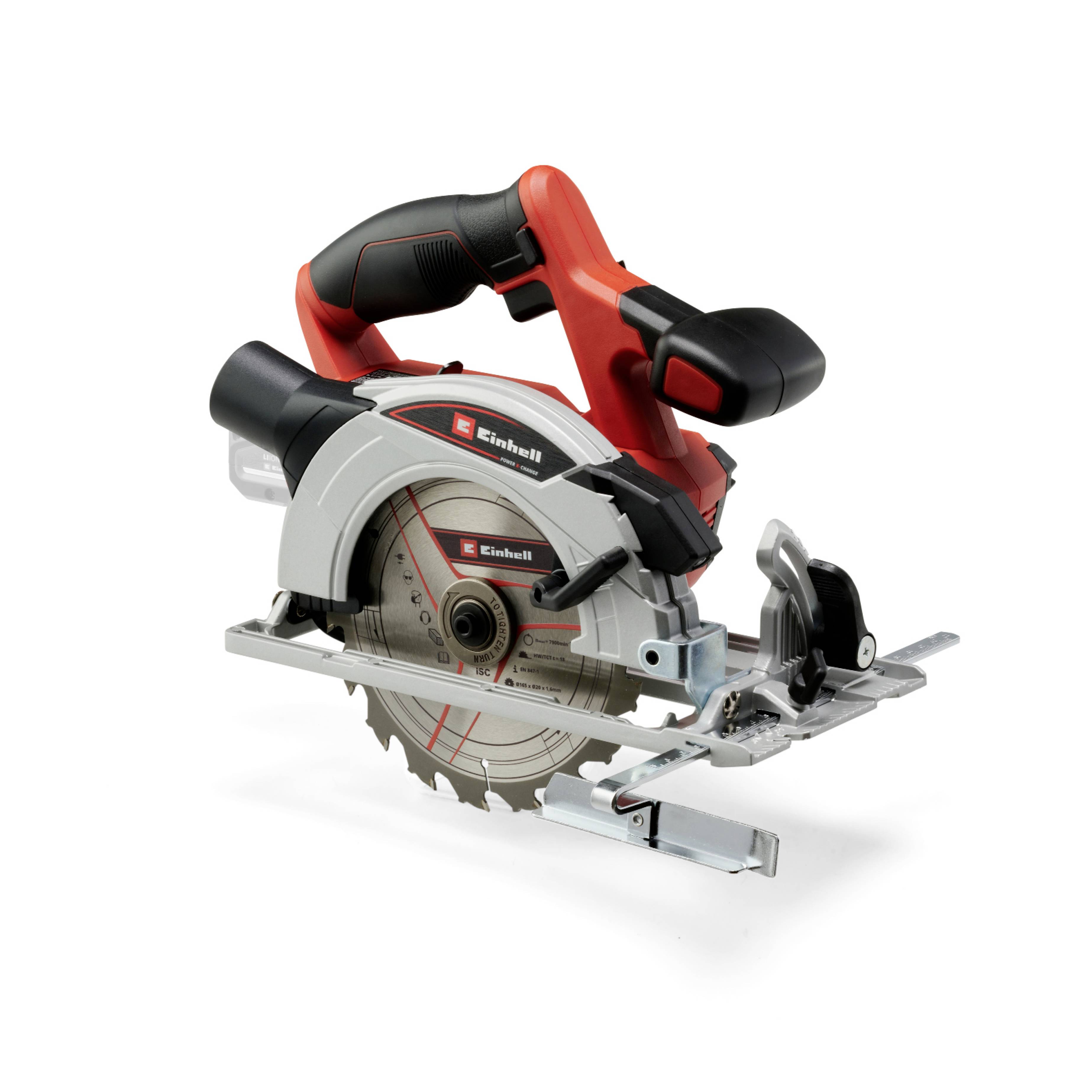 Hand circular saw with a red handle and silver saw blade, ready for use in cutting materials.