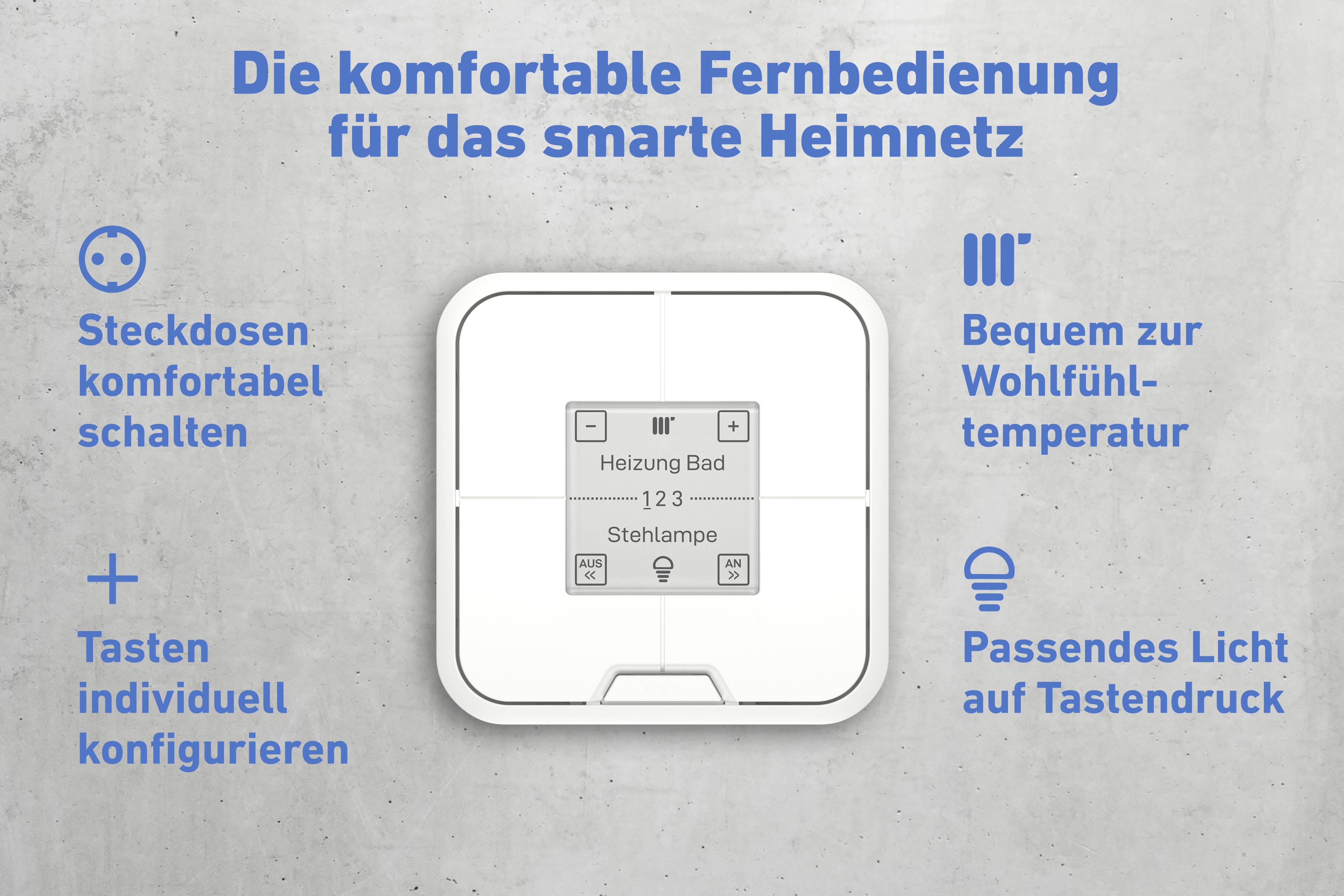 A remote control for managing the home network. Describes functions such as switching plug sockets, temperature control, and light adjustment.