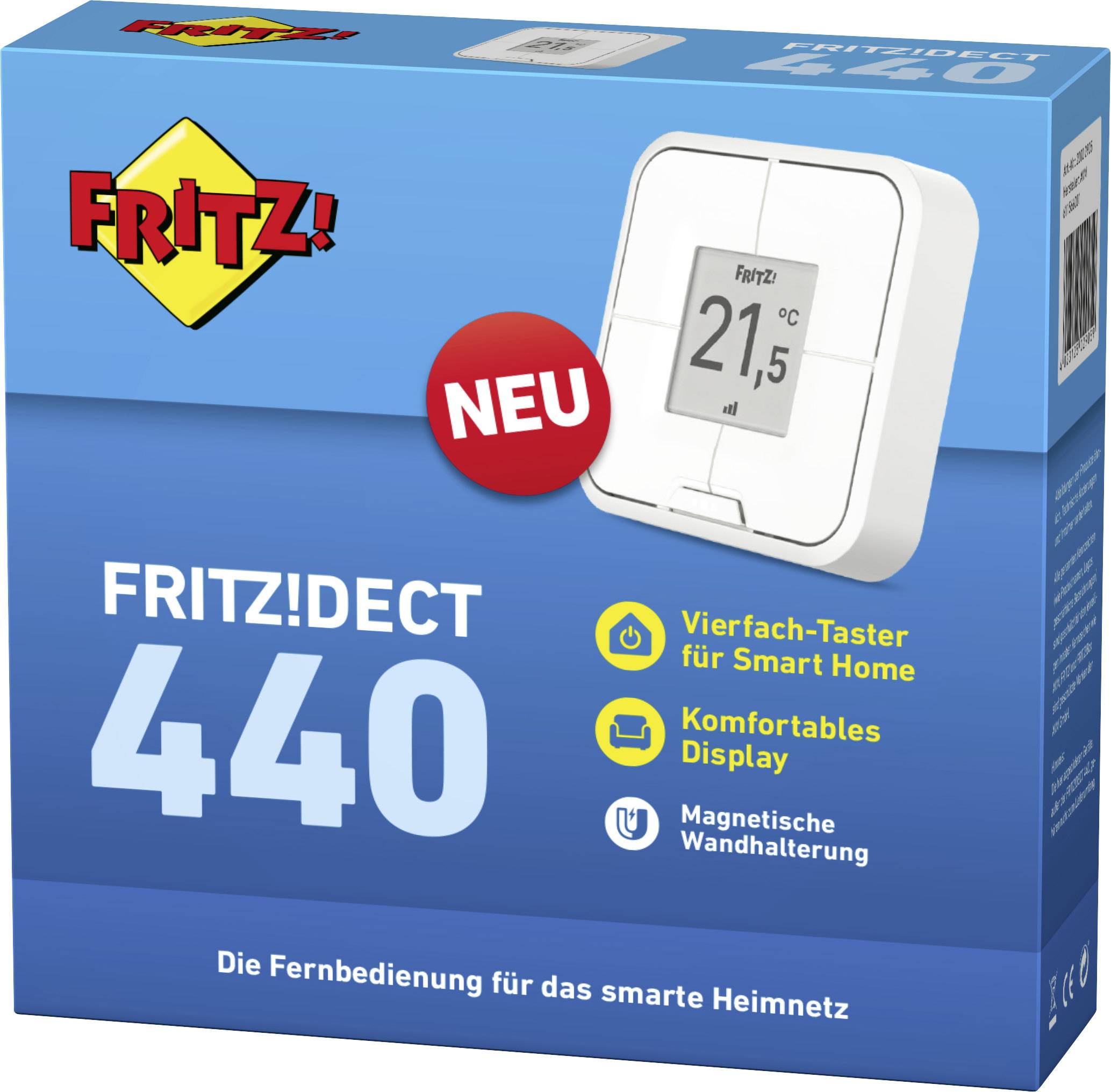 A product packaging for the 'FRITZ!DECT 440', a smart home device with display and wall mount. Shows temperature display '21°C'.