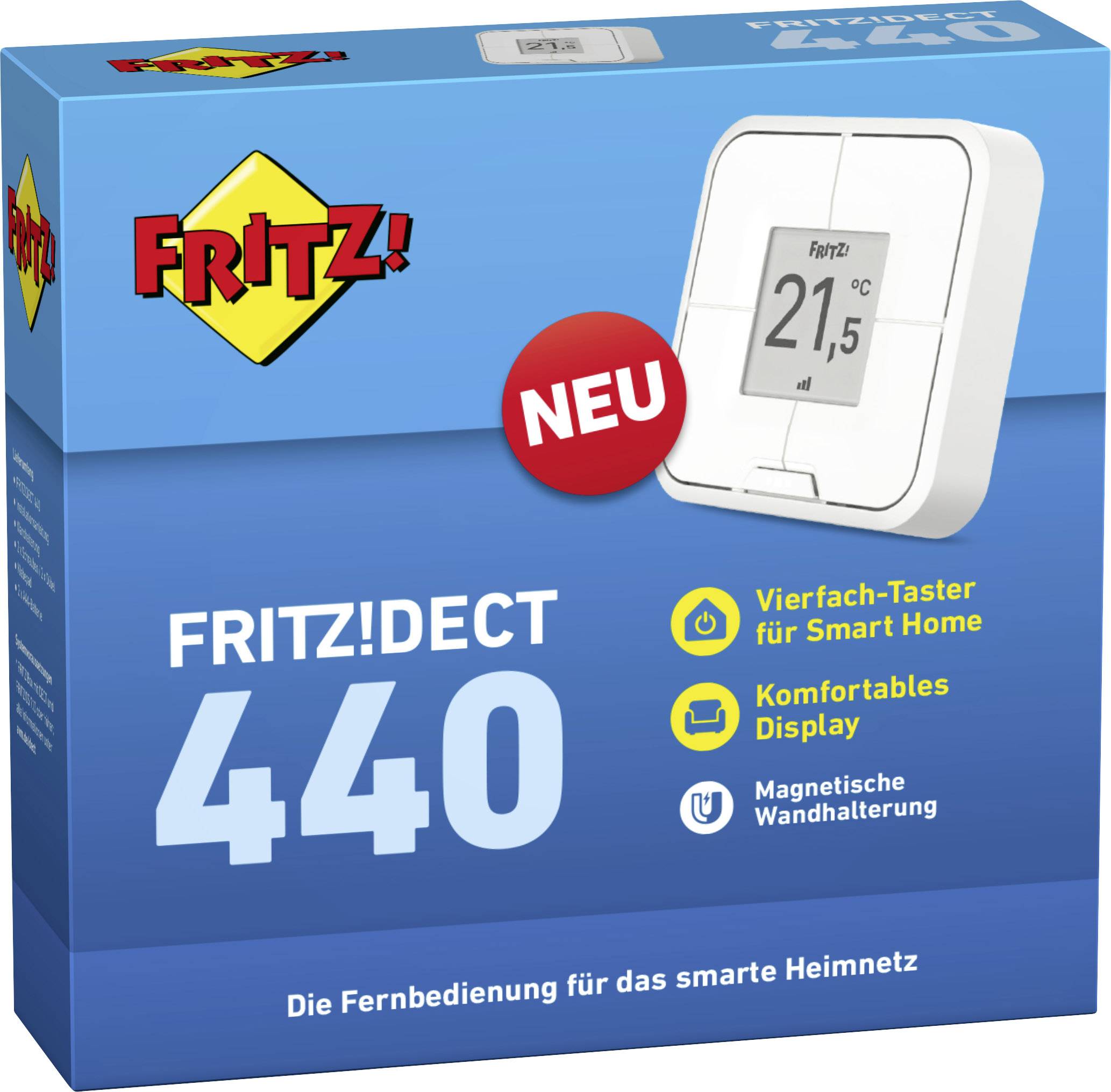 Packaging of a smart home device with the inscription 'FRITZ!DECT 440'. Functions: Quadruple button, convenient display, magnetic wall mount.