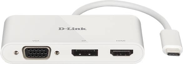 White adapter with USB-C connection to VGA, DP and HDMI ports, with D-Link logo at the top. Ideal for connecting devices to monitors.