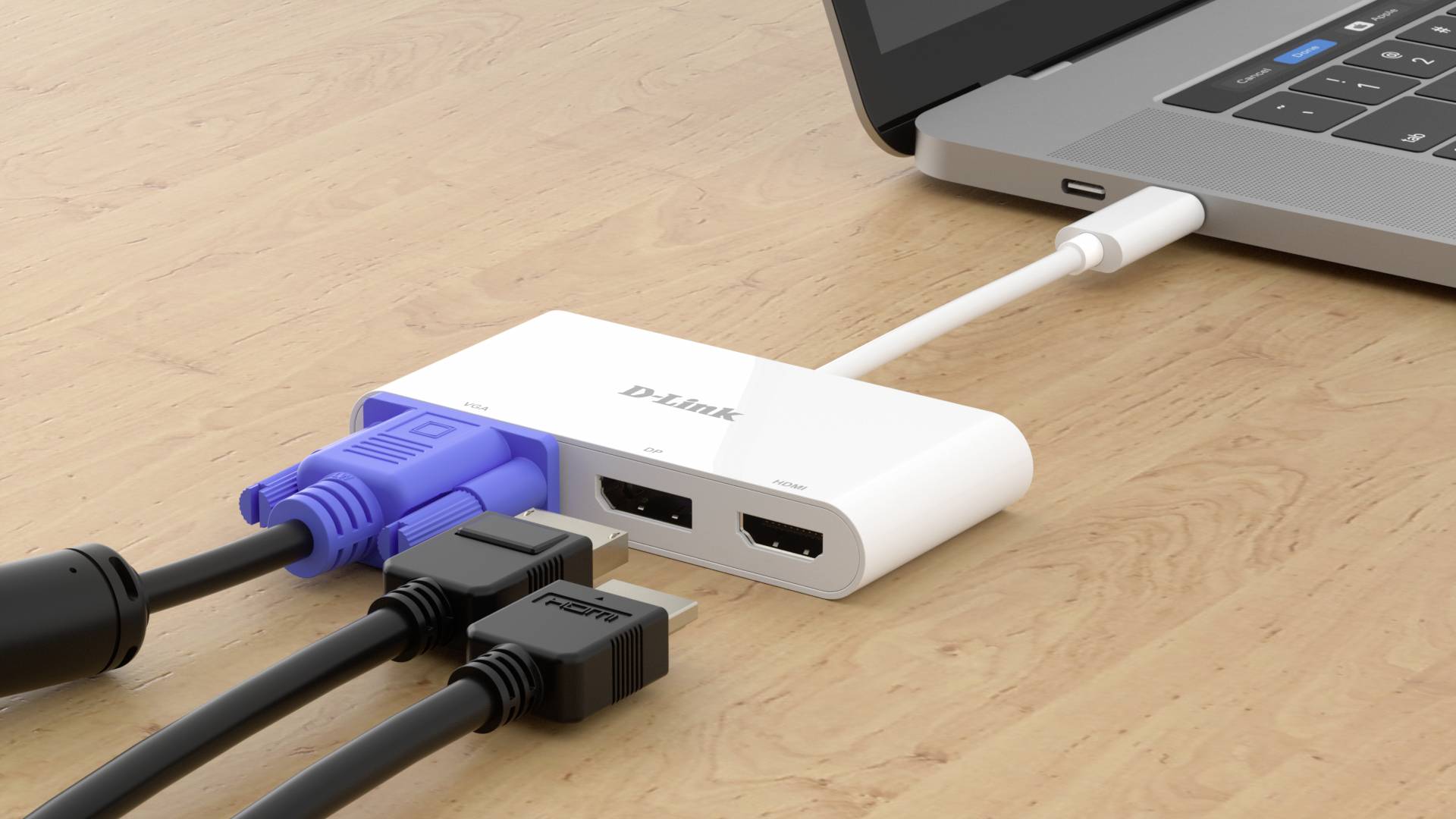 A multiport adapter connects different cable types to a laptop: HDMI, USB, and VGA. It enables the connection of multiple devices simultaneously.