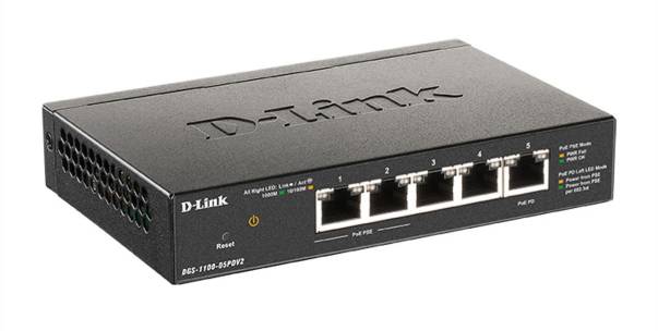 A black D-Link Ethernet switch with five ports, numbered from 1 to 5. Model number: DGS-1100-05PD/V2. Ideal for network connections.