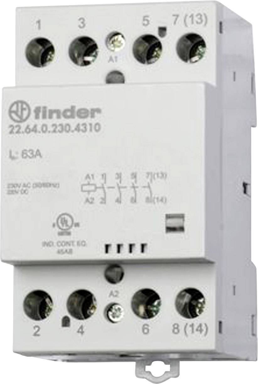 Electric relay with terminals. Label shows 'Finder 22.64.0.230.4310' and technical specifications: 63A, 230V AC.