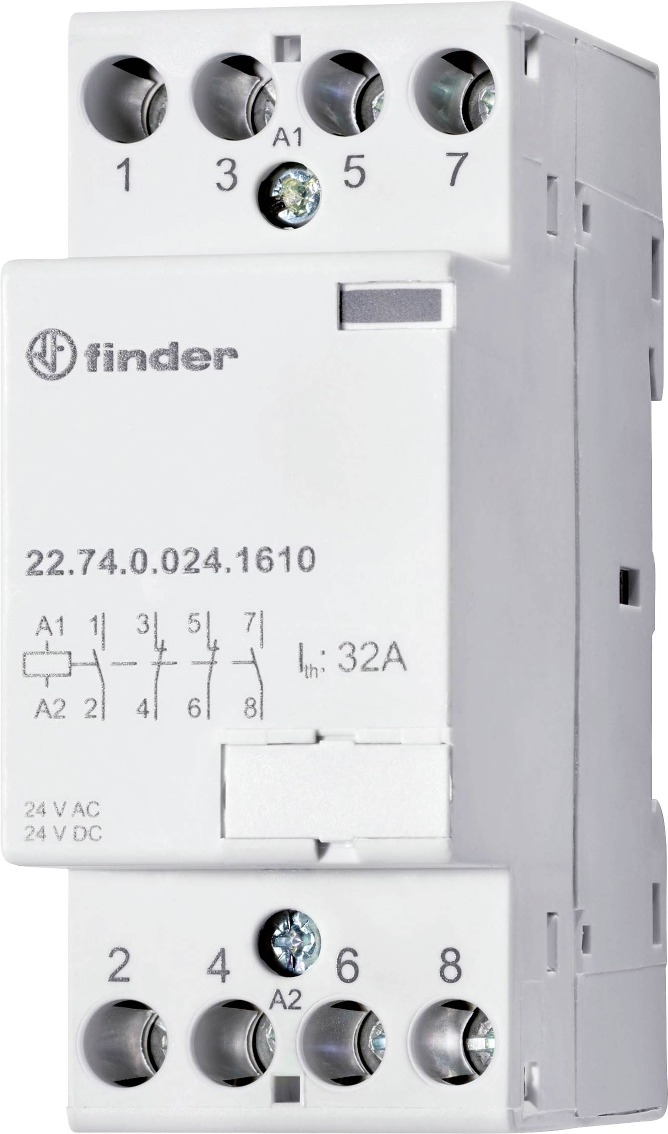 A white electronic relay with the inscription 'Finder 22.74.0.024.1610', showing connection options and rating '32A, 24V AC/DC'.