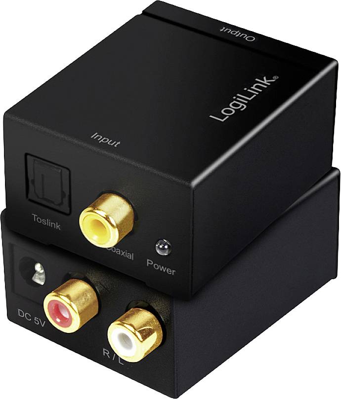 Black digital to analogue audio converter with TOSLINK and coaxial input, red and white RCA outputs and power connection.