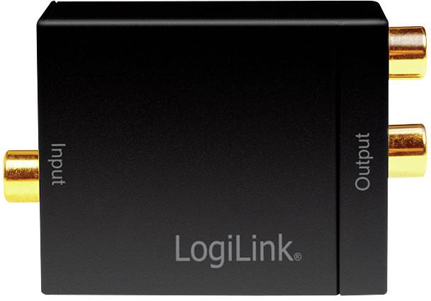 Black LogiLink audio converter with 'Input' and 'Output' labels on the sides, gold-plated connections at both ends.