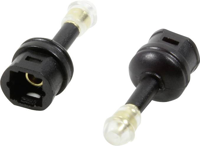 Two black fibre optic connectors with transparent tips and gold-coloured contacts, arranged diagonally.