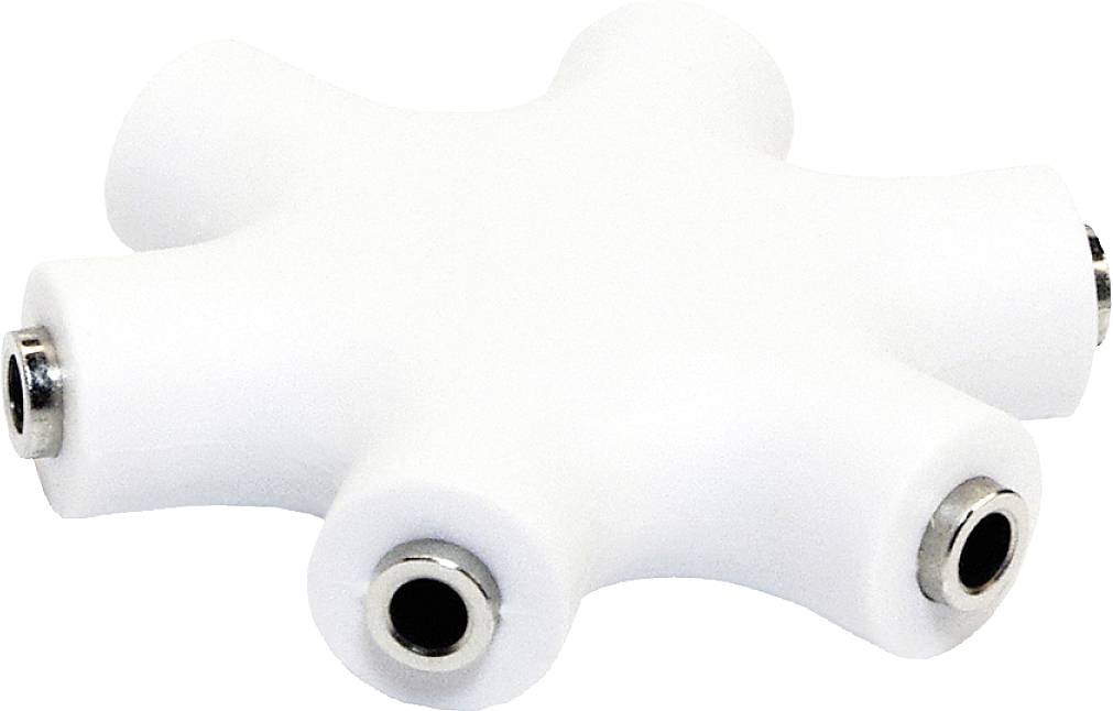 A six-pointed, white audio jack splitter with connections at each point for connecting multiple headphones or devices.