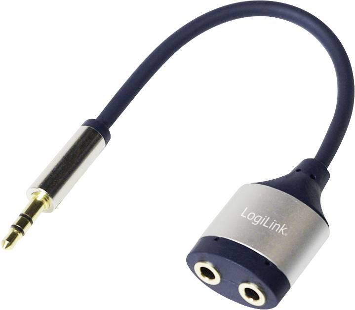 A black audio cable adapter with a 3.5 mm plug and two sockets for connecting two headphones to a single device.