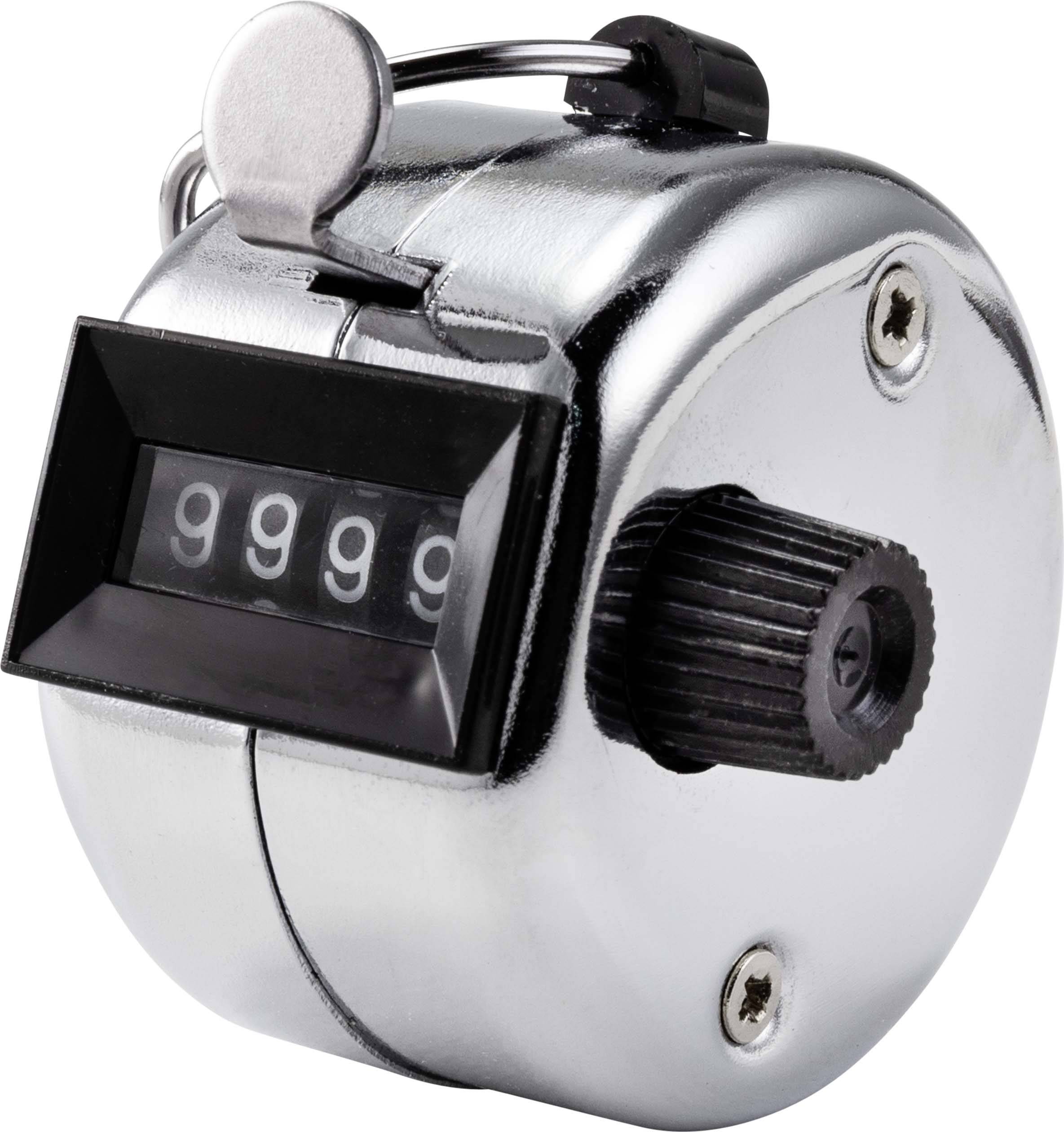 Manual hand tally counter in a metal casing, displaying '9999'. Commonly used for counting people.