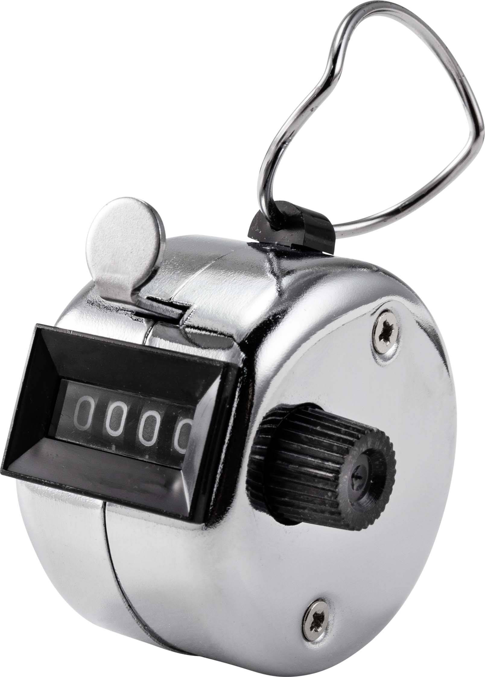 A silver mechanical hand counter with a four-digit display showing a starting number of '0000'. A black crank on the side.