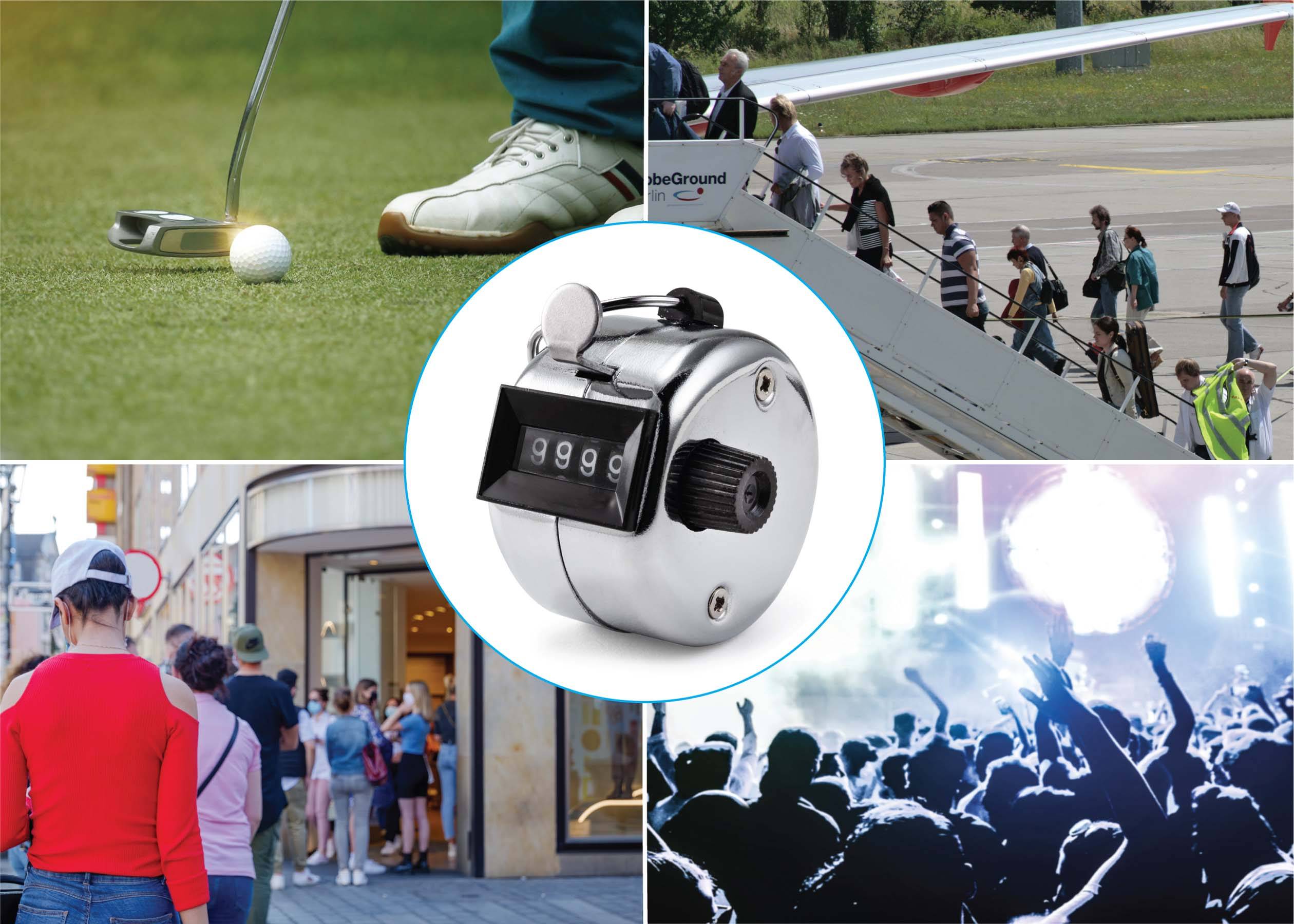 A collage shows golfers, passengers boarding a plane, a hand tally counter, people queuing, and a concert audience.