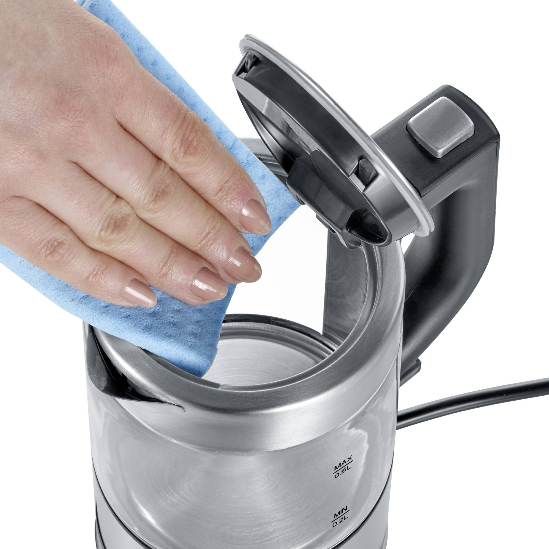 A hand is cleaning the interior of an open kettle with a blue cloth.
