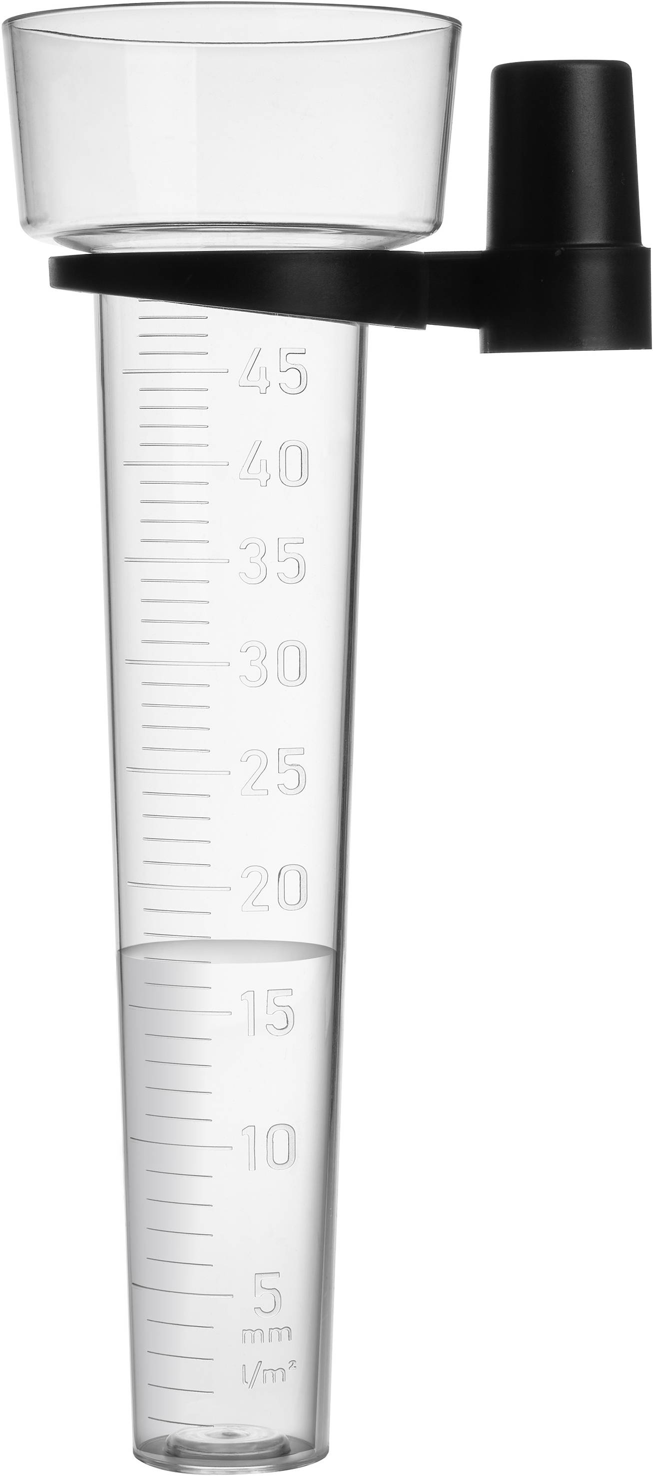 A transparent rain gauge with a measurement scale from 0 to 45 millimetres and a black mounting holder.