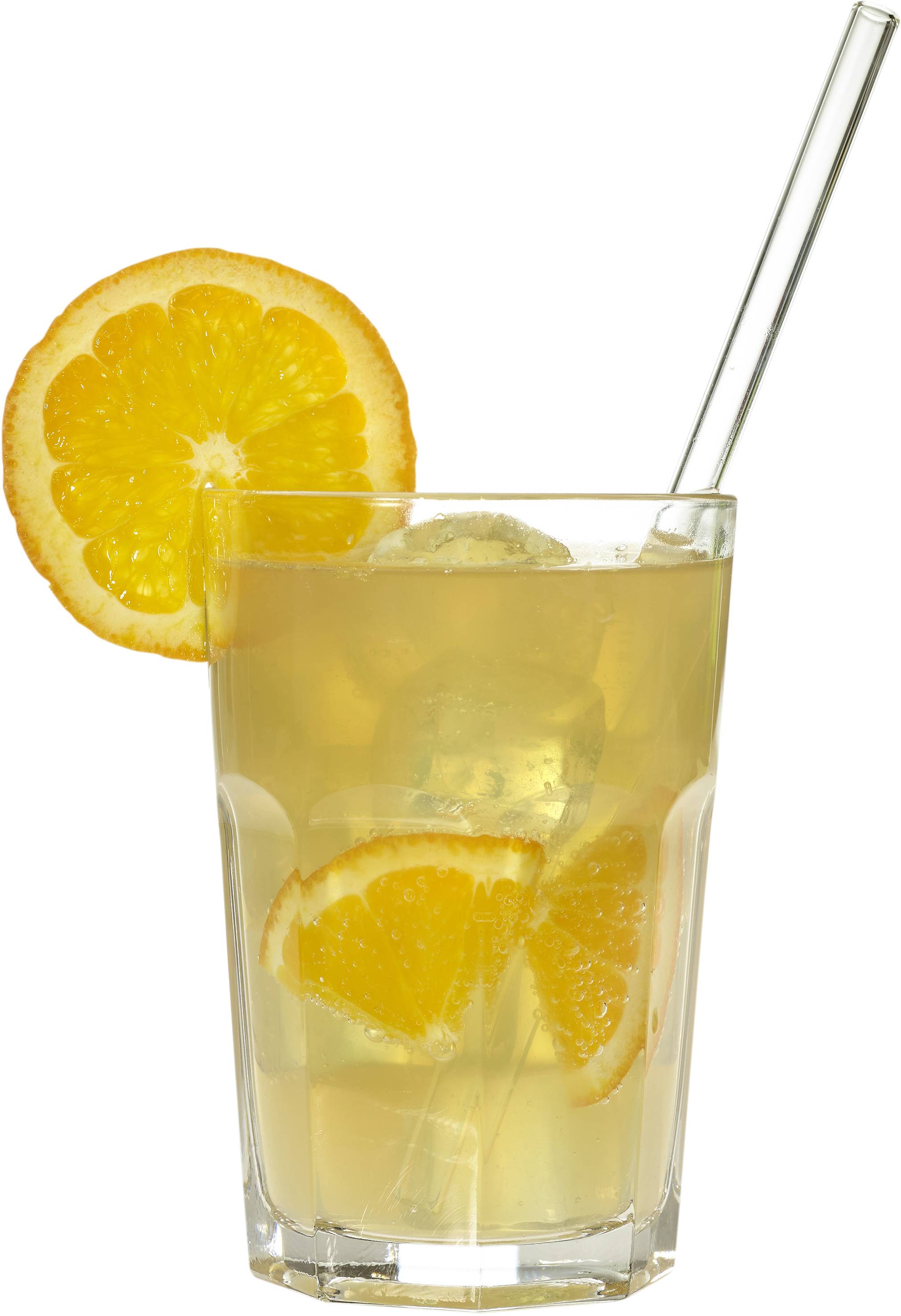 A glass of iced tea with ice cubes, garnished with an orange slice. A clear drinking straw sits in the glass.