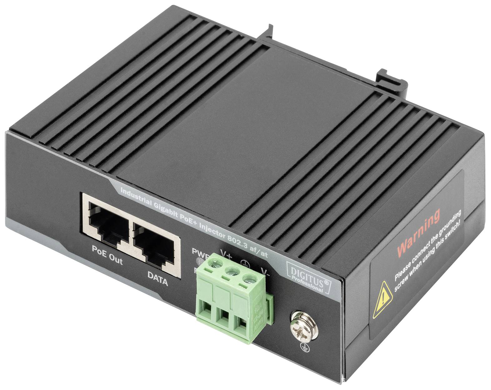 A black PoE injector with two Ethernet ports, a green connection point, and warning labels on the side.