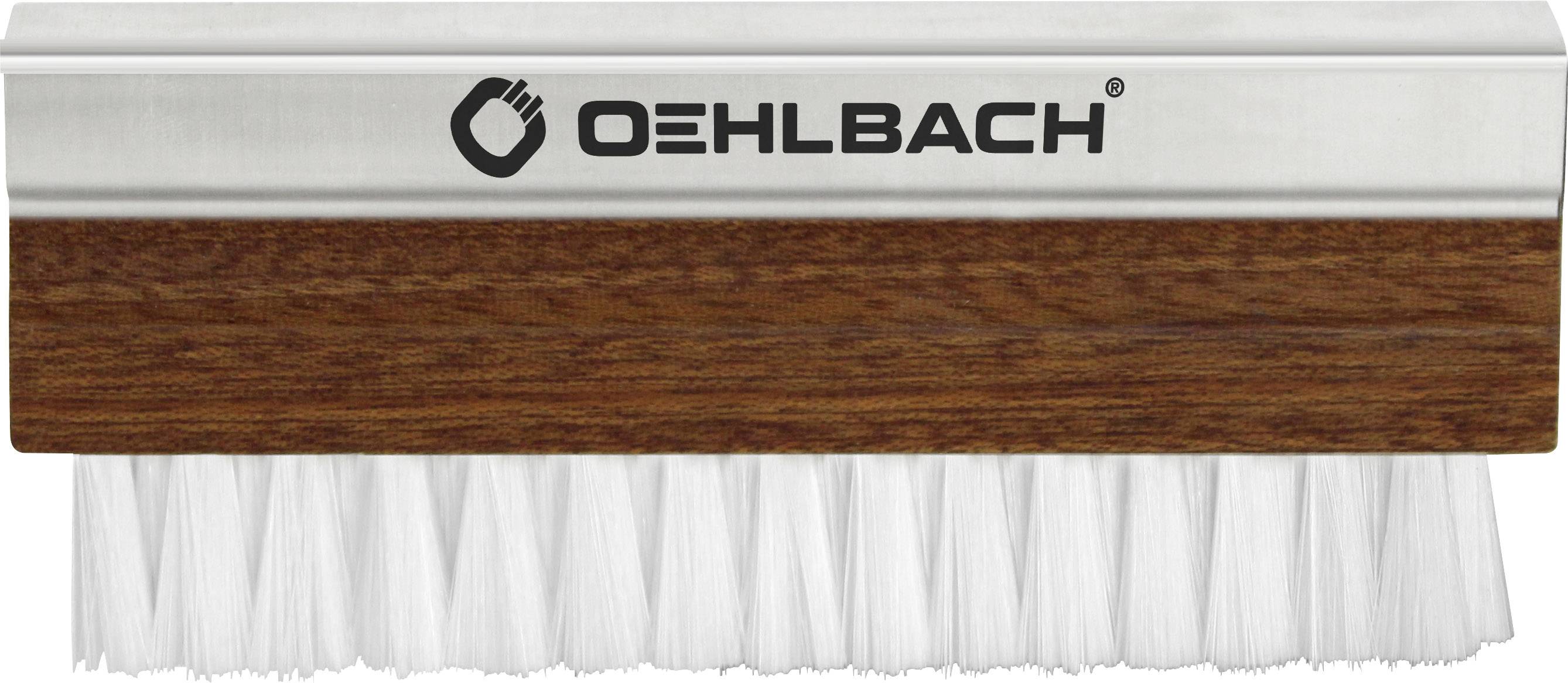 Brush with brown wooden handle and white bristles, brand name Oehlbach on silver band above the bristles.