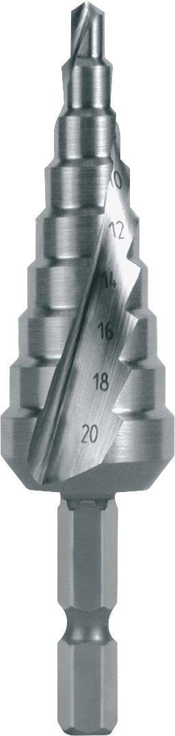 Metal stepped drill bit with multiple cutting stages for different hole sizes, numerical markings indicate drill diameter.