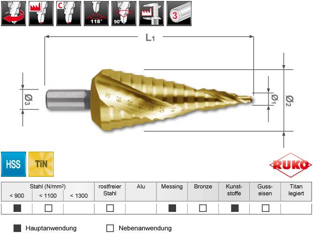 RUKO 101052T HSS Step drill bit Total length 100 mm TiN 1 pc(s)