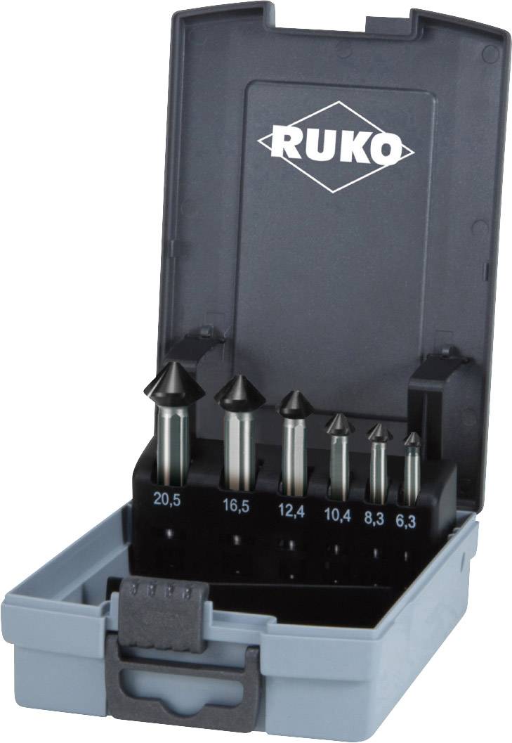 Six-piece countersink drill bit set in an open plastic case, various sizes: 20.5 mm to 6.3 mm, mounted on a black insert.