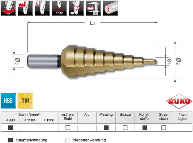 RUKO A101126TRO HSS Step drill bit set 1 pc(s)
