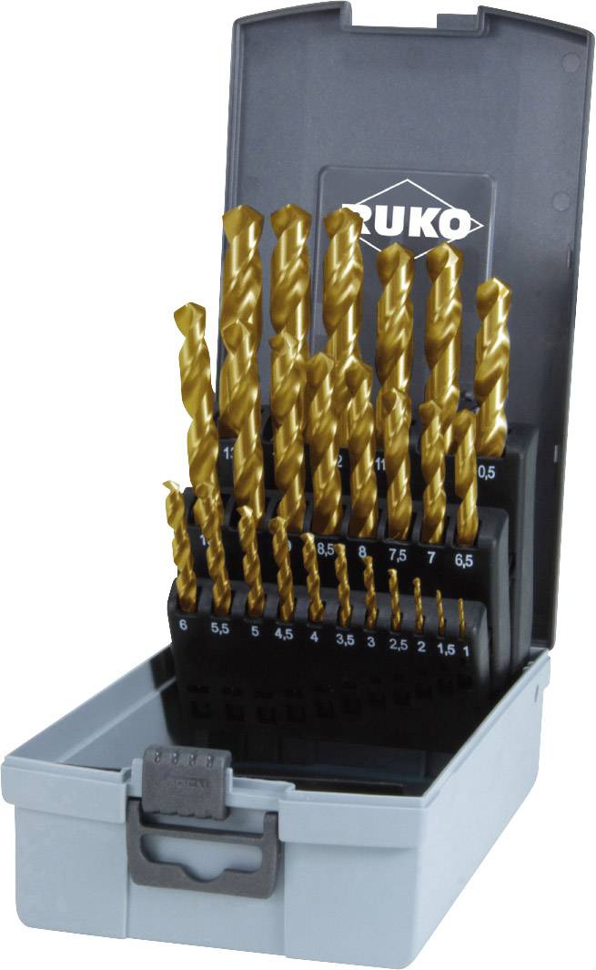 Drill bit set in an open plastic case, various sizes from 1 to 10 mm arranged in ascending order.
