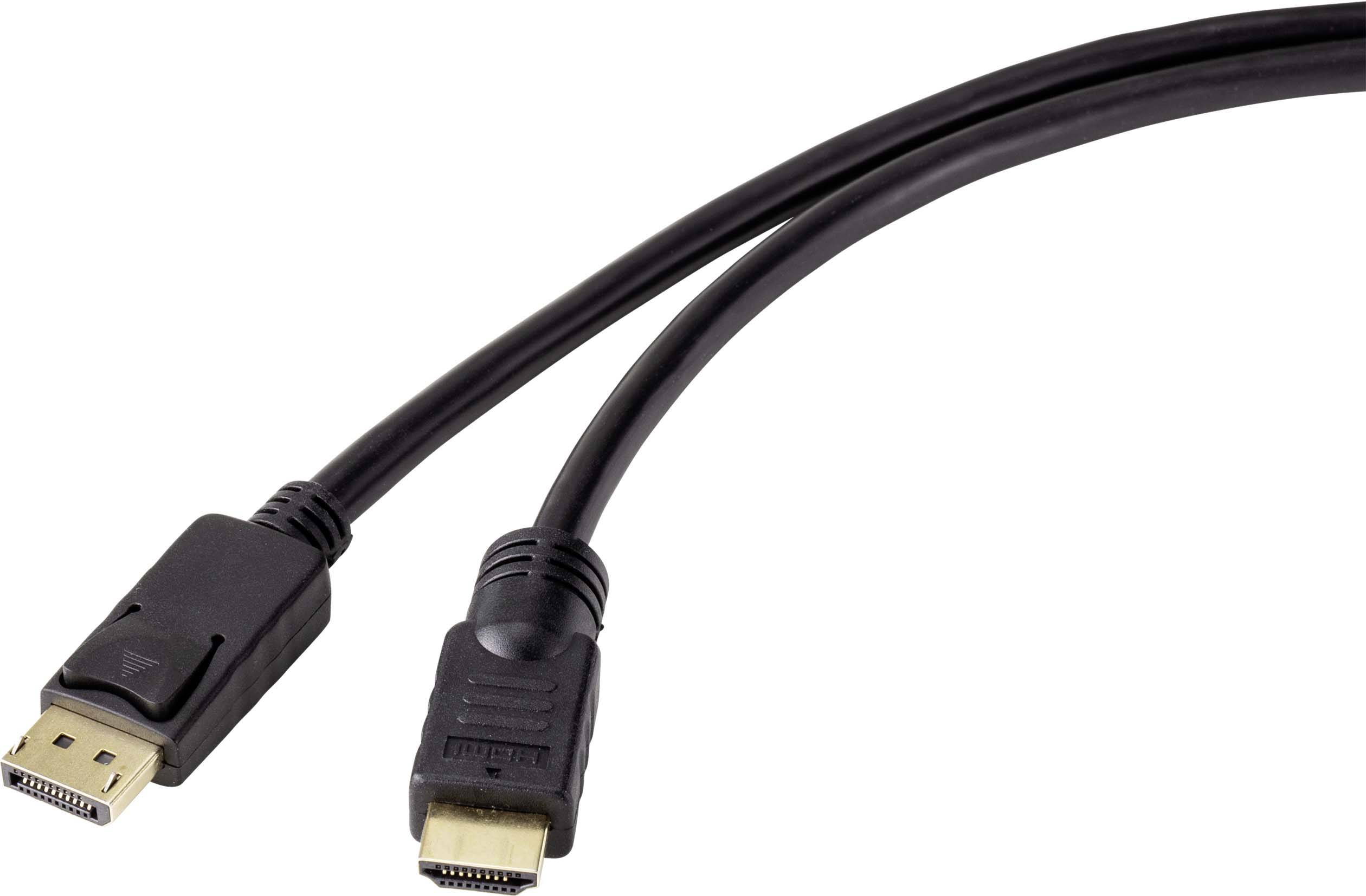A black cable with a DisplayPort plug at one end and an HDMI plug at the other end.