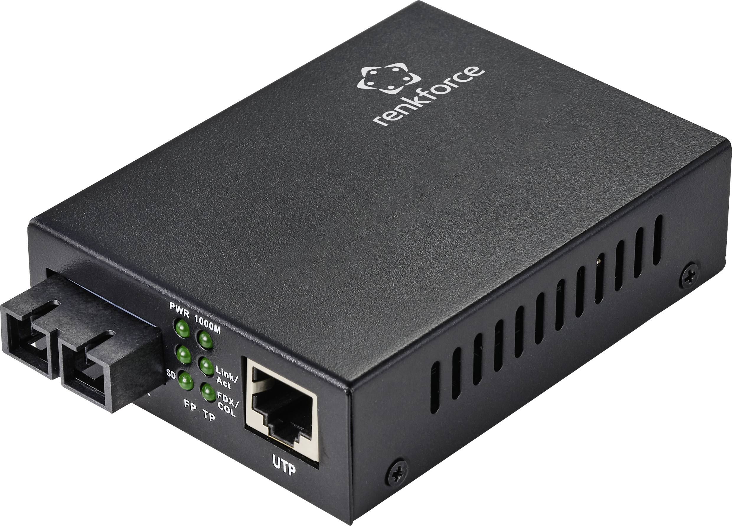 'Renkforce' media converter, black housing, optical port on the left, Ethernet port on the right, green status lights indicating activity.