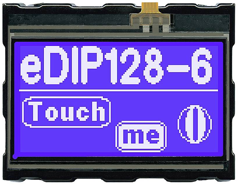 LCD screen displaying 'eDIP128-6'. Below are two buttons: 'Touch' and 'me'. The display is blue with white text.