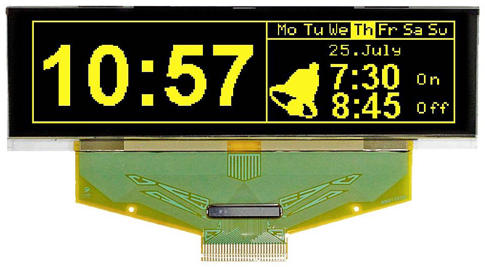 Alarm Display: Time '10:57', Date '25 July'. Alarm Times: '7:30 On', '8:45 Off'. Days of the Week: 'Mon Tue Wed Thu Fri Sat Sun'.