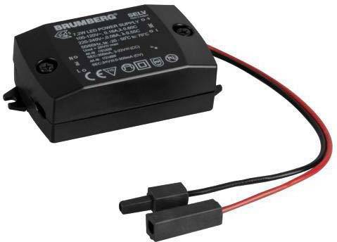 A black LED power supply by Brumberg with technical specifications printed on it, including voltage range and power rating.