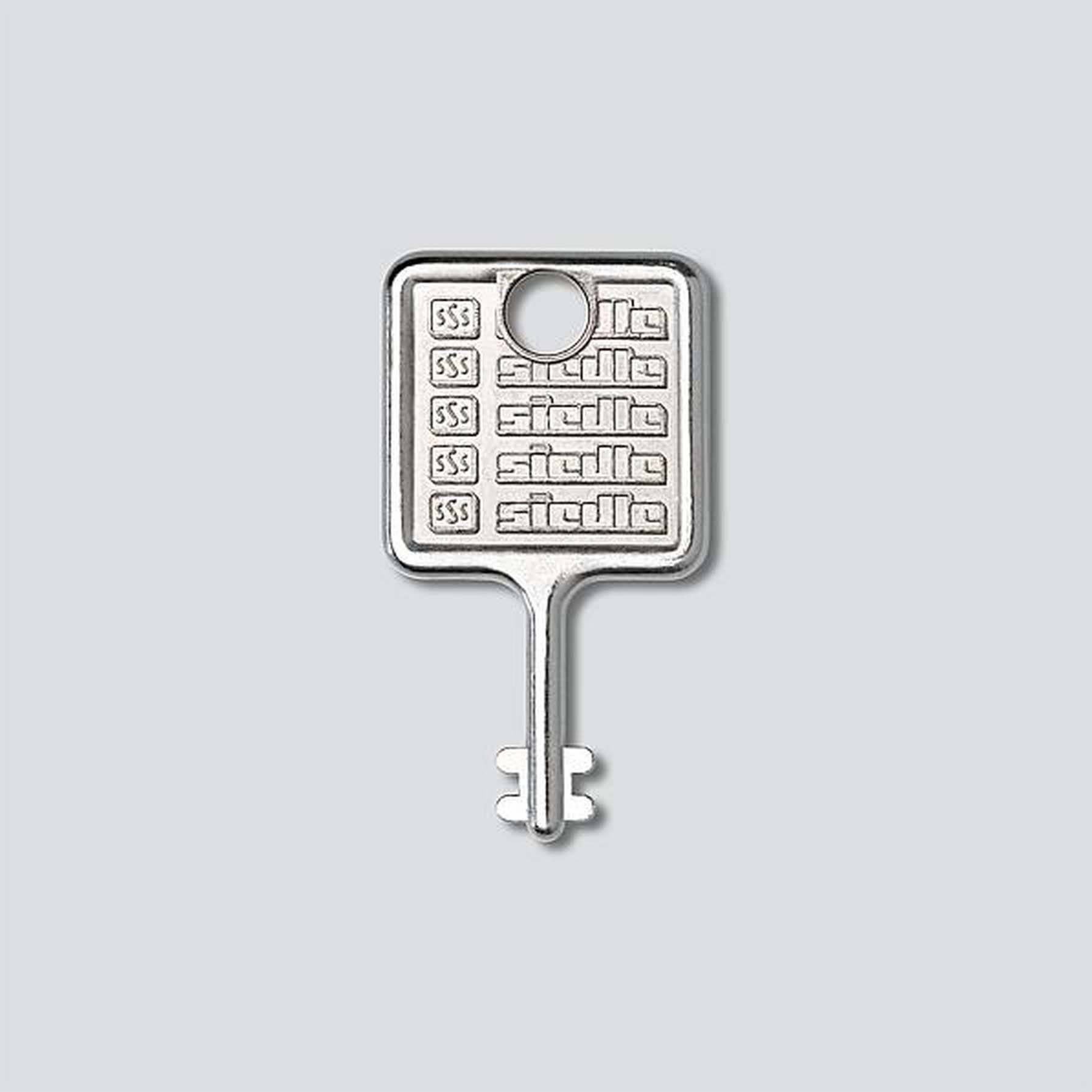 A square, silver key with the 'Siedle' label and a hole for hanging is situated on a grey background.