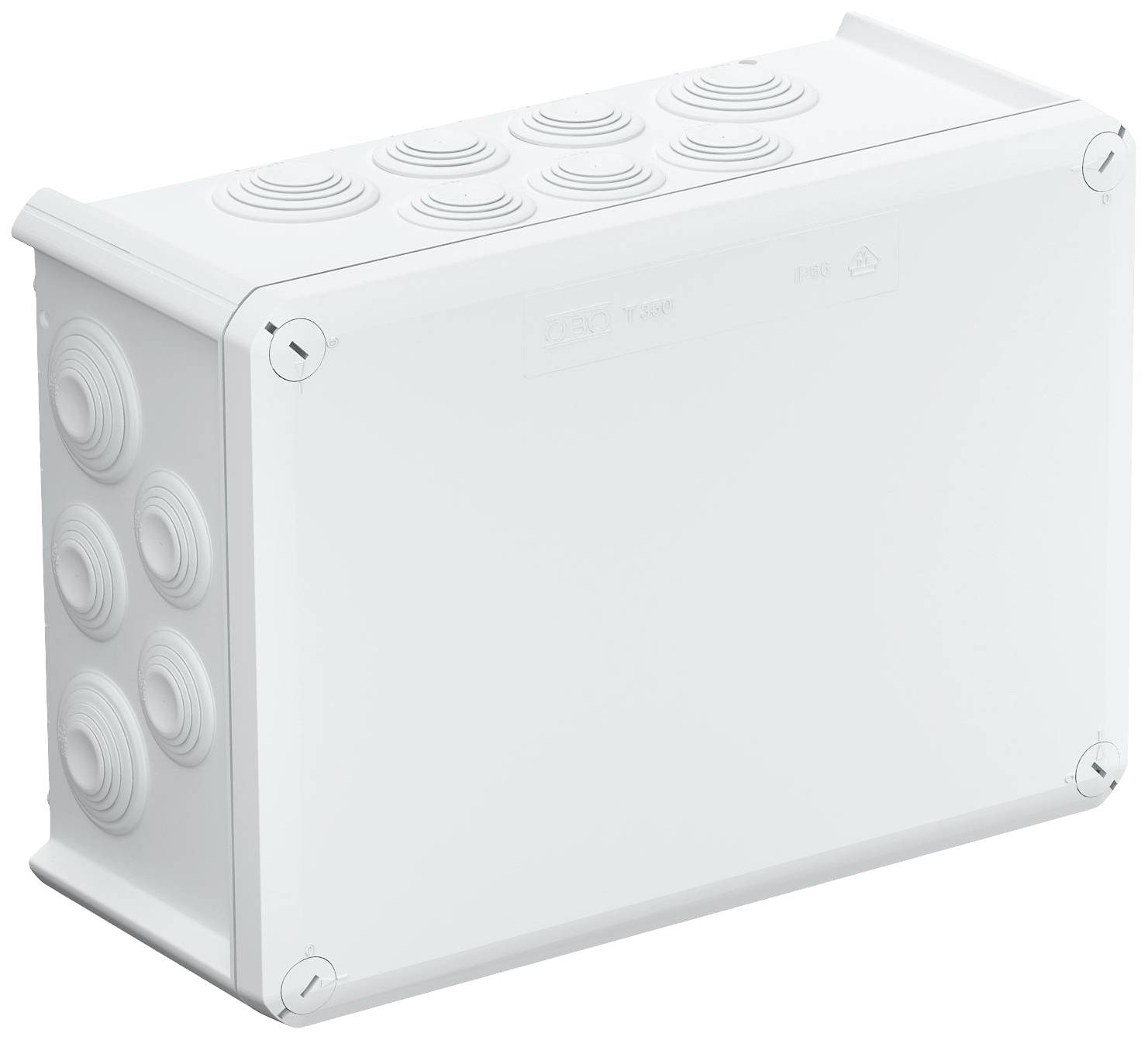 White, rectangular plastic junction box with ribbed cable entry points on the sides. Suitable for electrical installations.