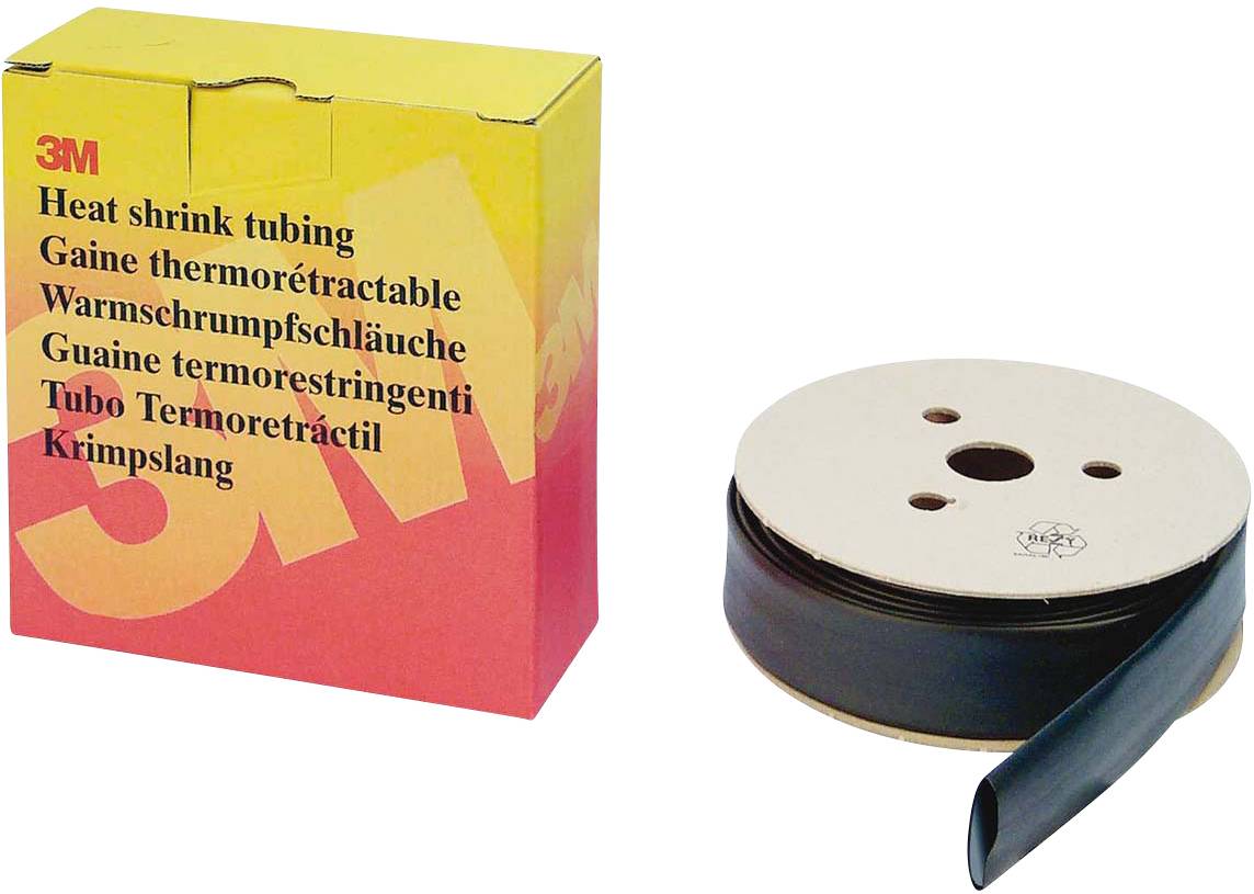 Black heat-shrink tubes from 3M on a roll beside a yellow-red packaging with multilingual print about heat-shrink tubes.