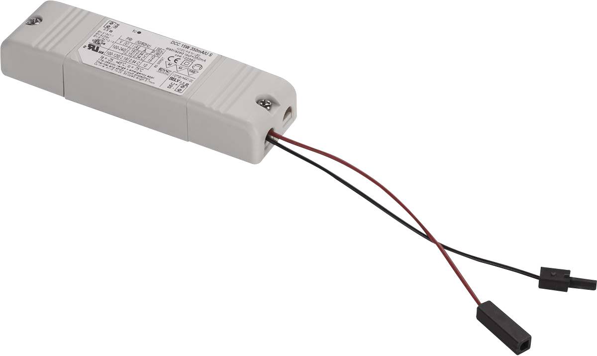 Electronic LED driver in a rectangular housing with red and black connection cables. Technical specifications printed.