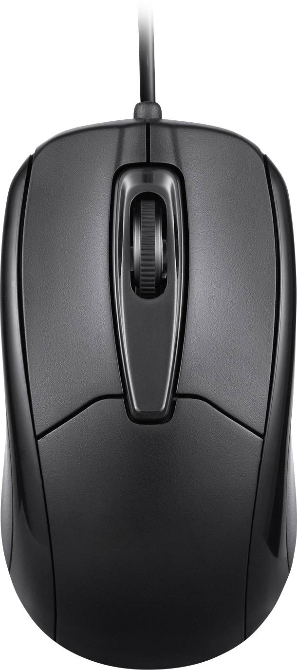 Black computer mouse viewed from above, with cable, scroll wheel in the middle and two main buttons. Suitable for office use.