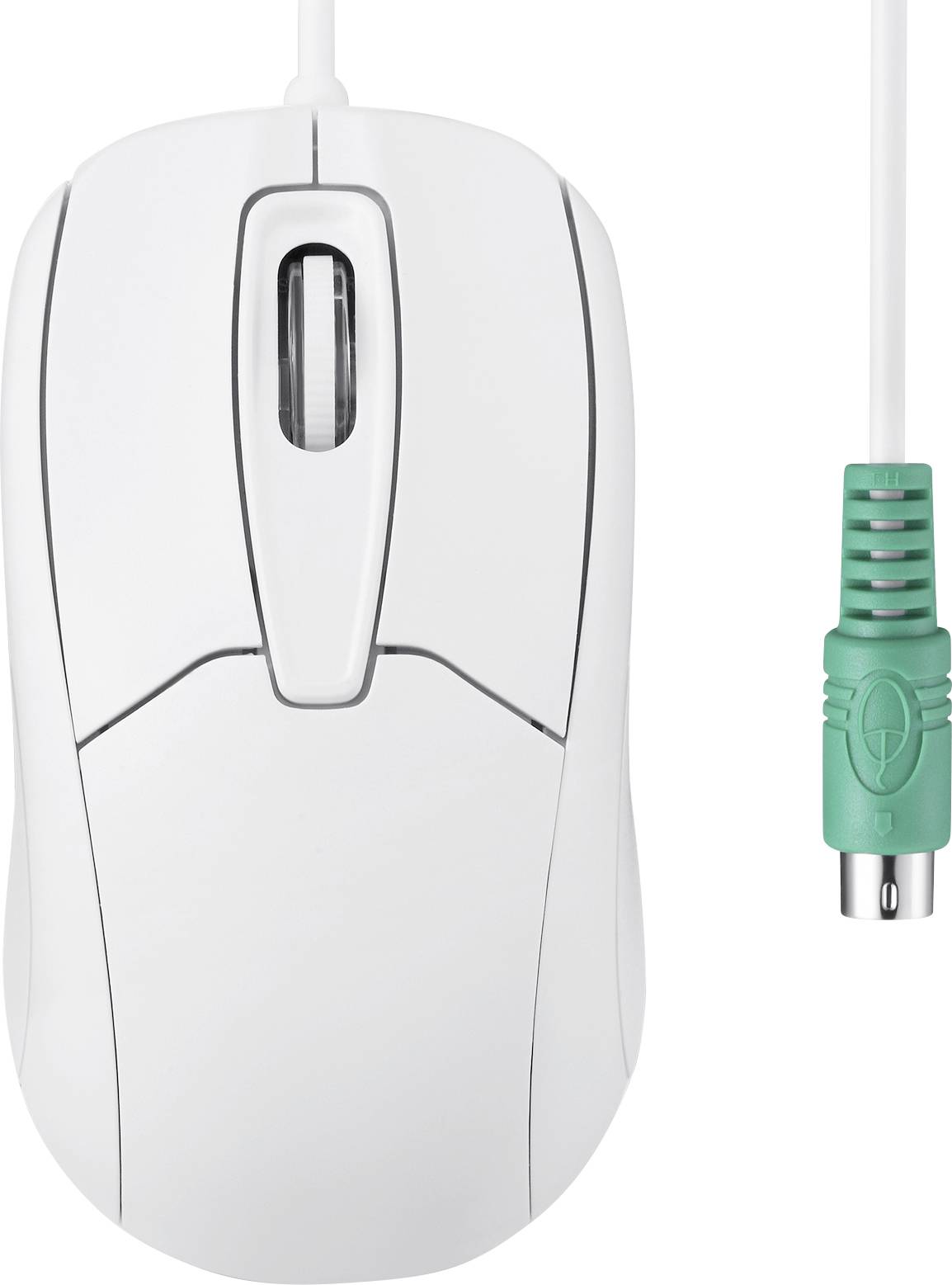 White computer mouse with scroll wheel and green, round PS/2 connection cable, suitable for older PCs with PS/2 ports.