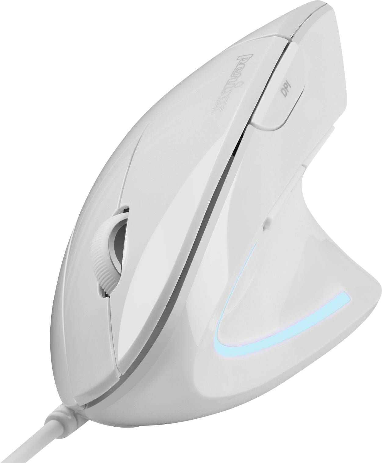 White ergonomic computer mouse with thumb rest and blue LED lighting.