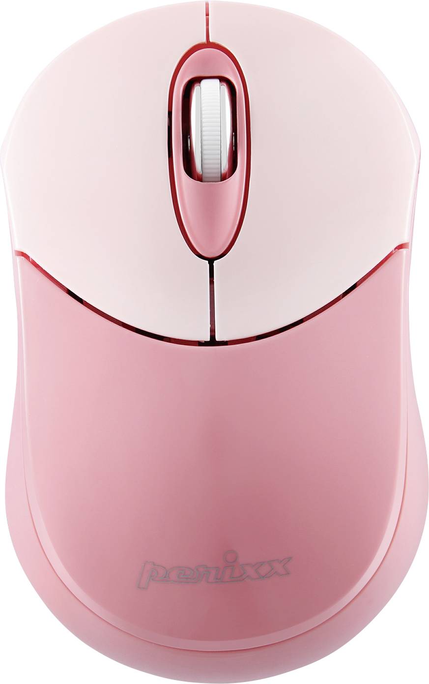 Pink computer mouse with scroll wheel and left and right click buttons. Brand name visible underneath.