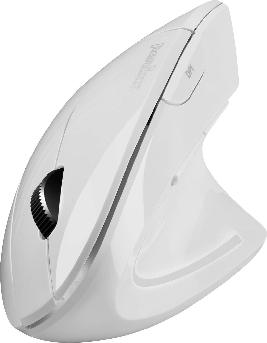 White wireless computer mouse with ergonomic design and scrollable wheel.