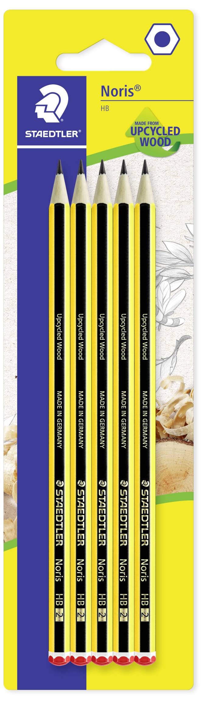 'Staedtler Noris' pencil set, five hexagonal pencils with a yellow and black design, manufactured from recycled wood.