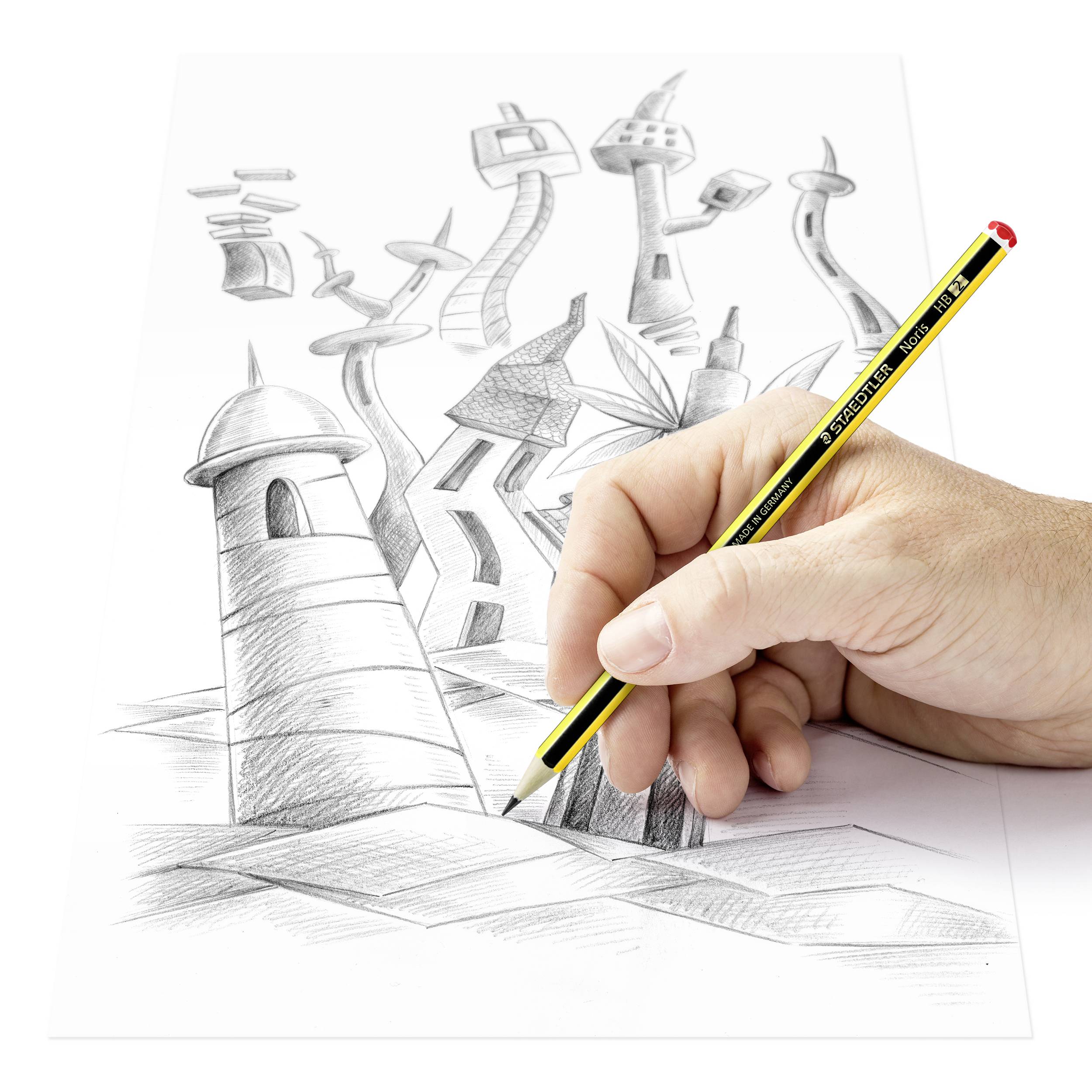 A hand draws imaginative, curved towers and structures on paper, intertwining with one another.