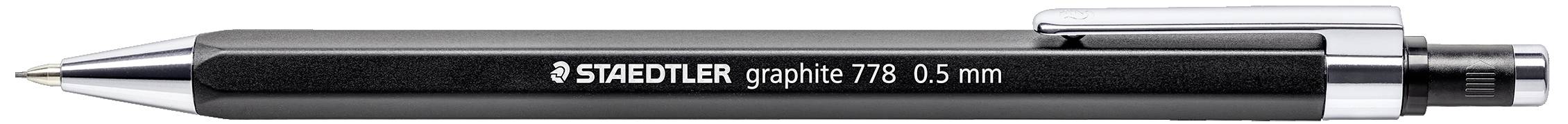 Black mechanical pencil, 'STAEDTLER graphite 779 0.5 mm', lying on a white surface.