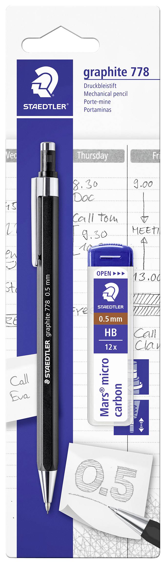 'Staedtler graphite mechanical pencil 0.5 mm' and replacement lead pack are pictured. Background shows handwritten notes on paper.