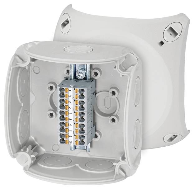 A grey cable junction box with an open lid, revealing a terminal block with multiple connection points inside, suitable for electrical wiring.